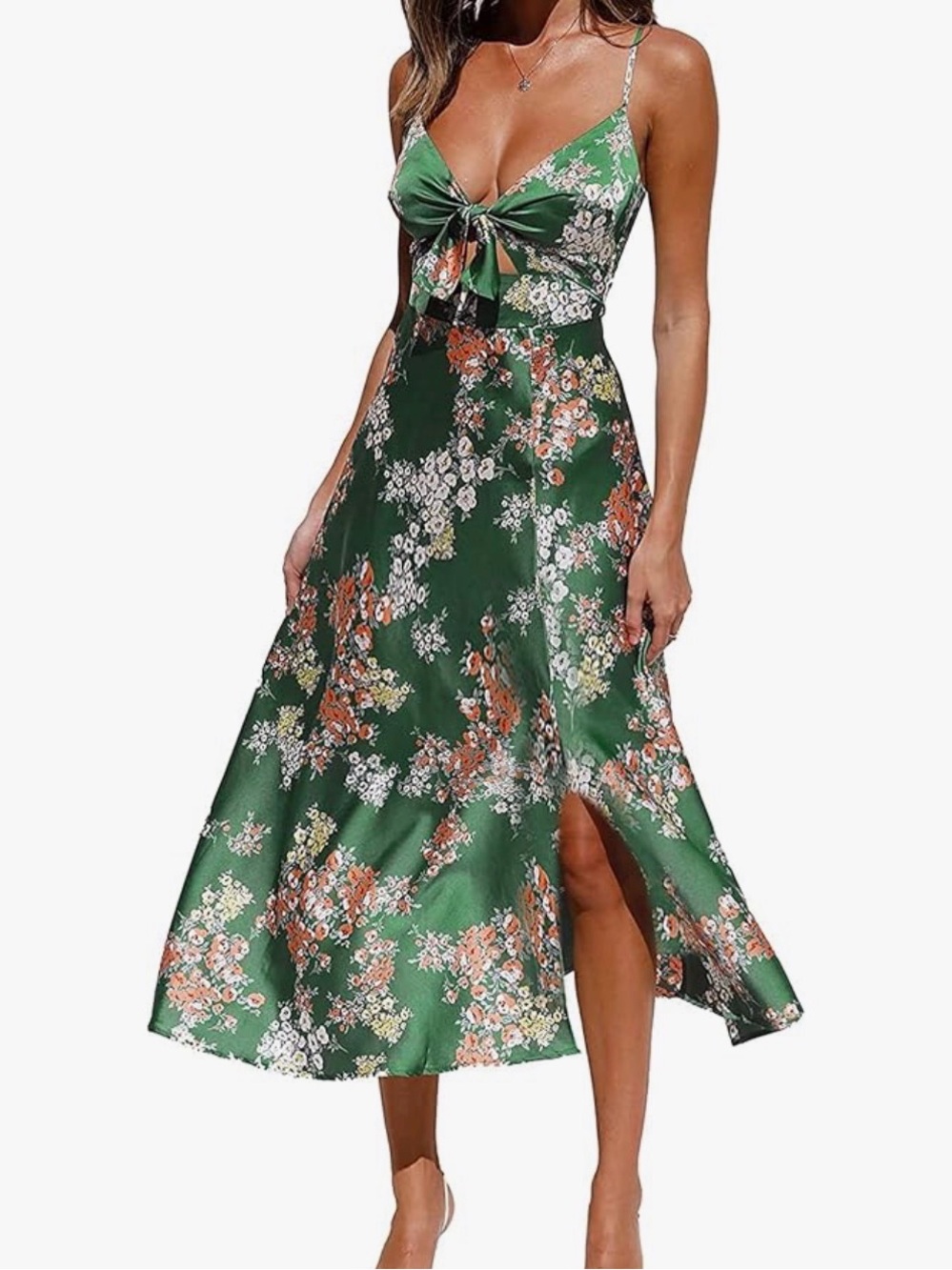 Green Floral Tie-Front Midi Dress with Orange Accents